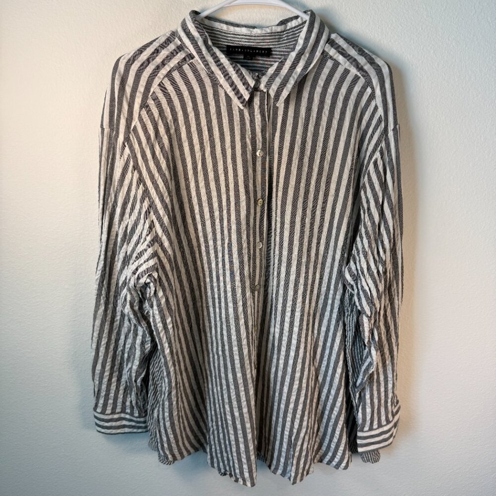 Jane & Delancey Womens 10 Shirt Blouse Tunic Gray White Stripe Button 2X Preppy‎